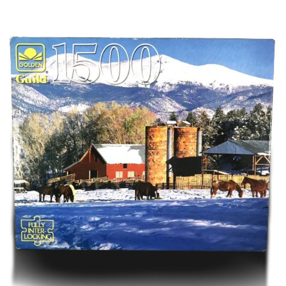 Vintage 1500 Piece Jigsaw Puzzle Golden Guild Winter Farm Horses Barn Farmhouse